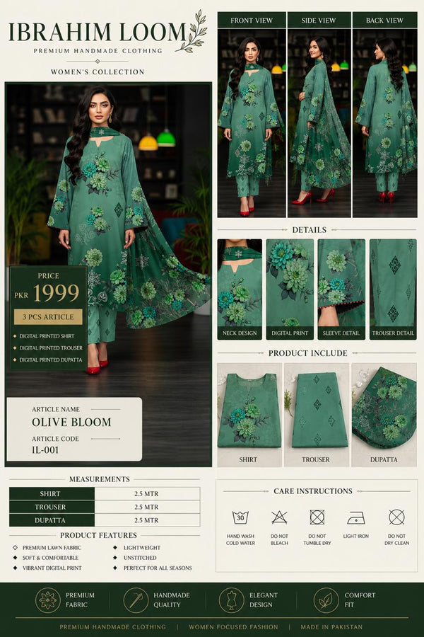 Olive Bloom | IBRAHIM LOOM 3 Pcs Ladies Suits